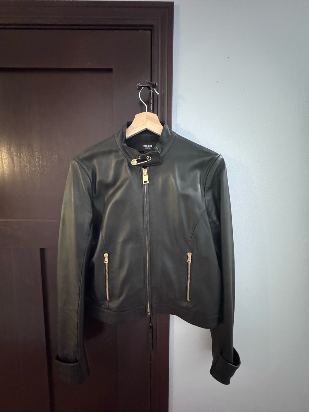 Versus Versace Black Leather Bomber Jacket with Gold Hardware